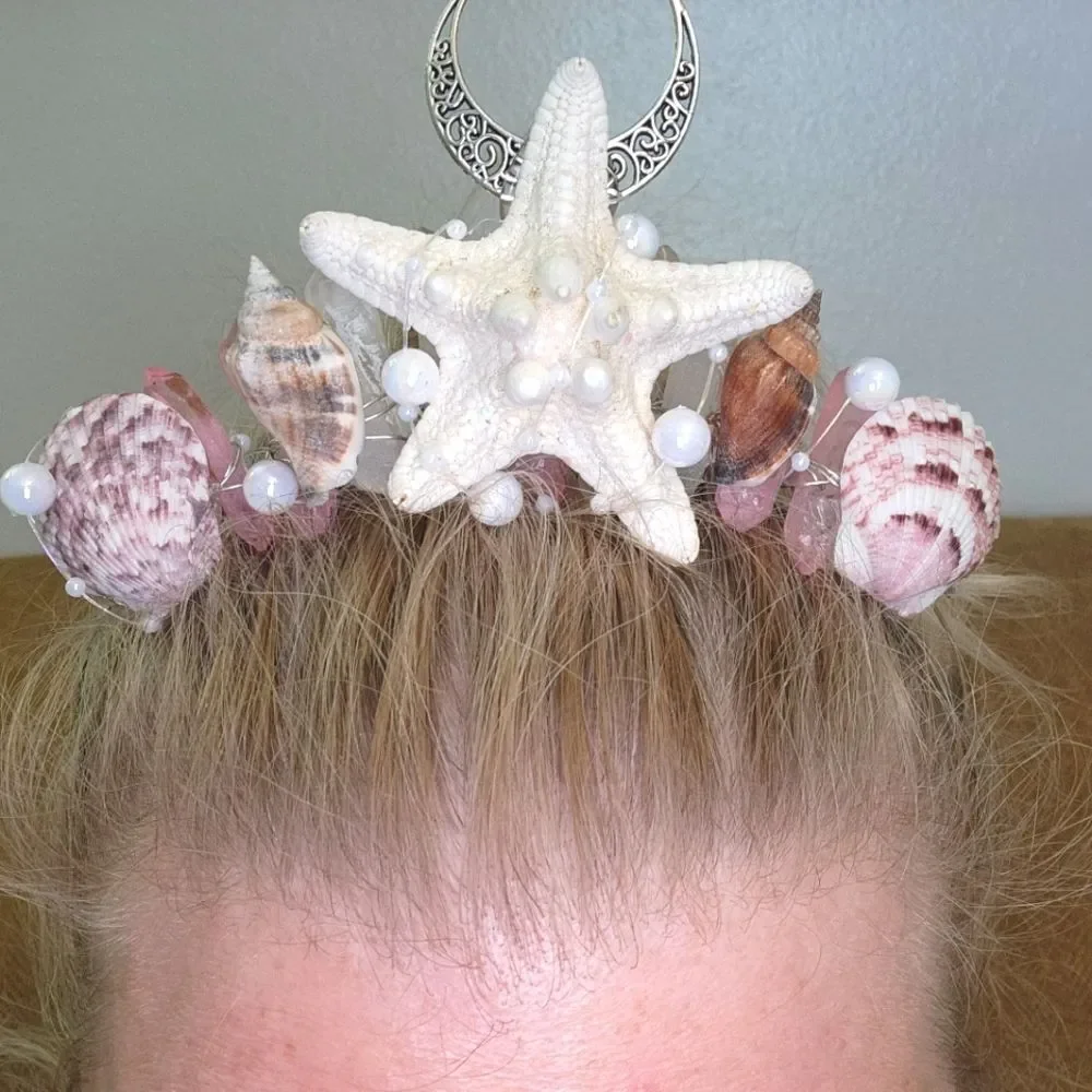 Mermaid Crown Pink & White Crystal Quarts, Shell, & Silver Moon!